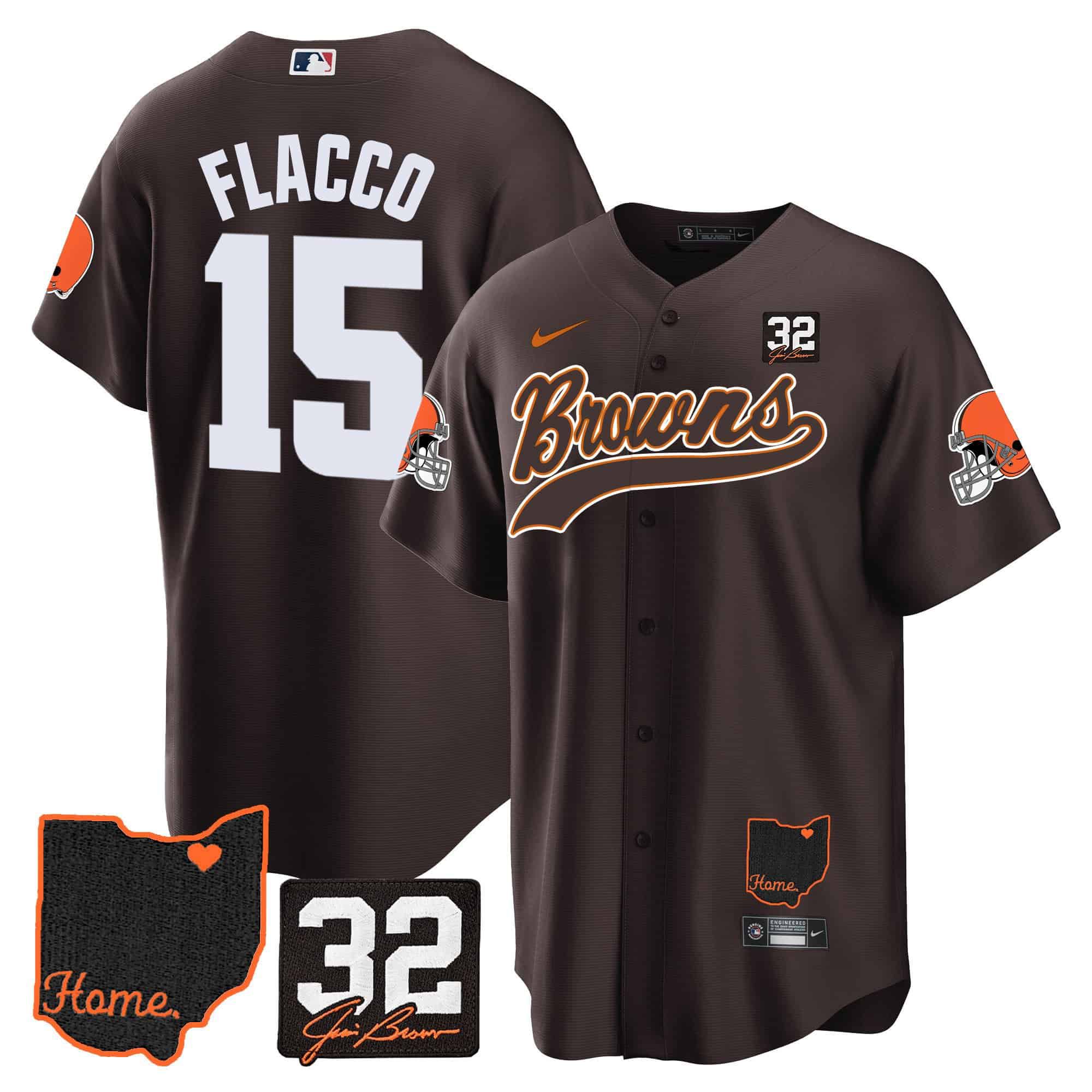 Men Cleveland Browns 15 Flacco Brown Memorial Home Patch Baseball 2024 Nike NFL Jersey style 1